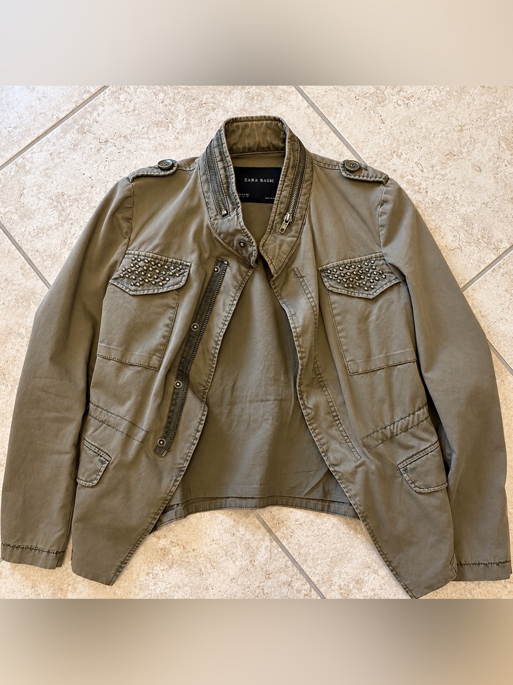 Zara Olive Green Stud-Embellished Utility Jacket Size S